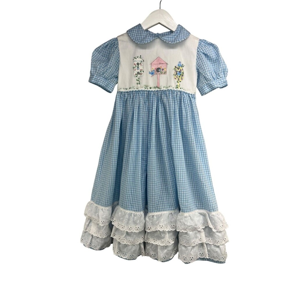 Vintage Hand Painted Added Touches by Tricia Birdhouse Blue White Gingham Dress